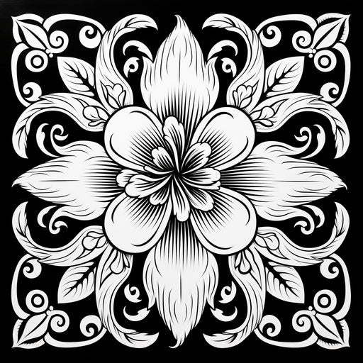 Black and white ornate floral design coloring page, indian traditions style, zen buddhism influence, holotone printing, precisionist lines and shapes