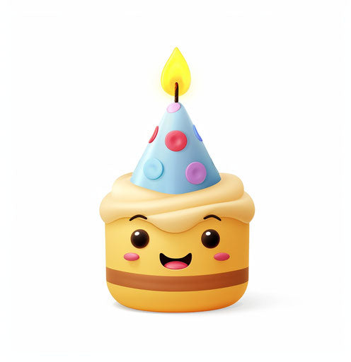 Emoticon, happy face with party hat blowing candle on birthday cake