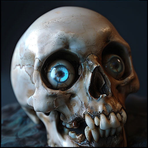 Skull with blue eyes, webcam photo style, comical caricatures, irony and humor