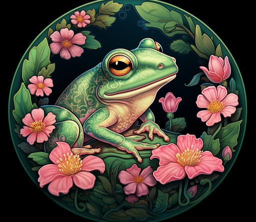 Frog in clumsy pose with pink flowers and leaves