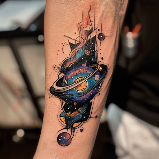 Flat tattoo sketch with space theme, dark cosmic colors, starry backgrounds