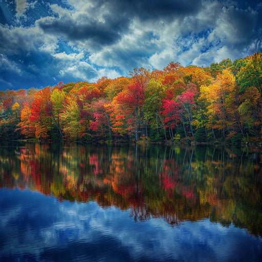 Pocono Mountains with vibrant autumn foliage reflecting in a lake