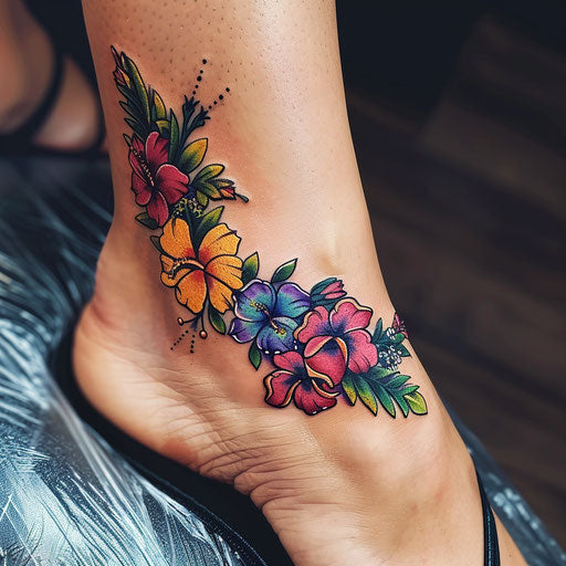 Vivid sketch of an ankle bracelet with tropical flowers