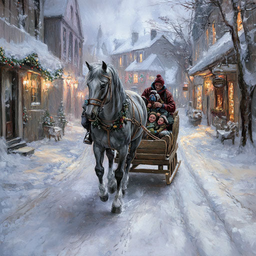 Festively dressed dapple gray horse pulling family on sled