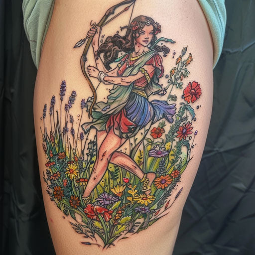 Vibrant tattoo sketch of Artemis in wildflower field