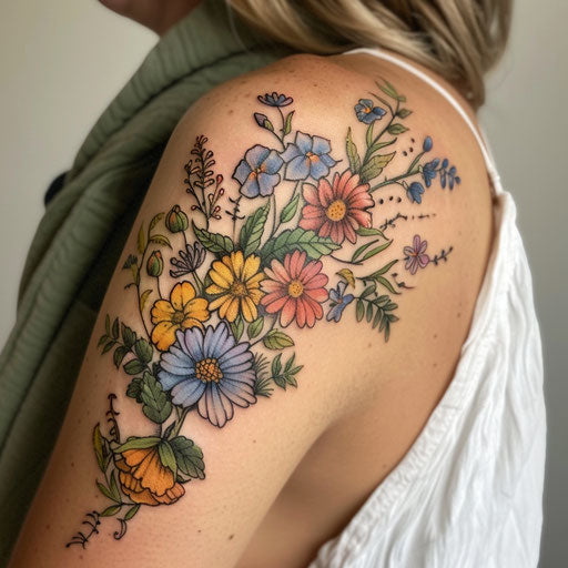Wildflower shoulder tattoo, cascading design, vibrant colors, elegant flow