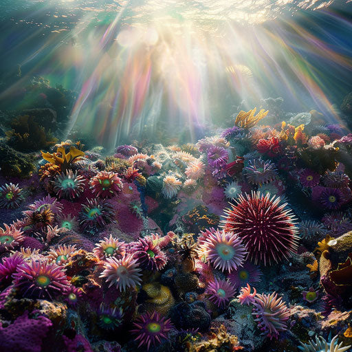 Sea urchin on a vibrant reef with sunlight filtering
