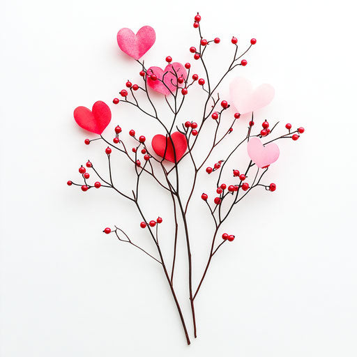 30 pink and red heart-shaped floral stems with berries, on a white background, product photo for an e-commerce website, high resolution