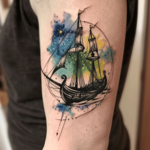 Ethereal tattoo of a Viking ship sailing under the northern lights