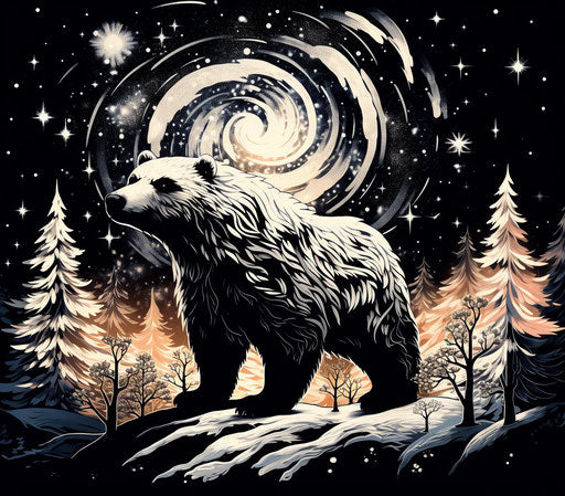 Bear tree forest tattoo design, cosmic landscape style