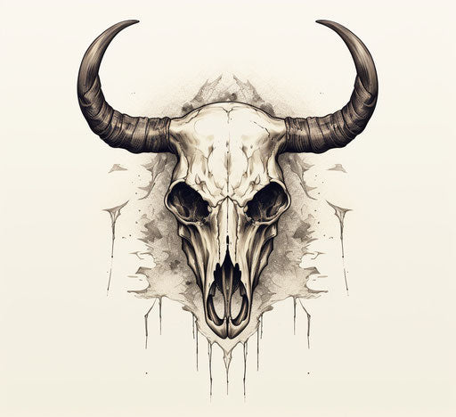Bull skull with horns and cowboy, simple line drawing style, tondo 76:69