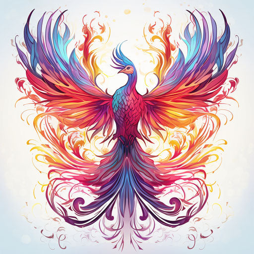 Colorful Phoenix on Abstract Watercolor Background, Dark Orange and Light Magenta Style