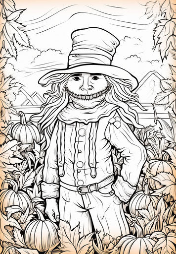 Coloring pages of scarecrow in orange and magenta