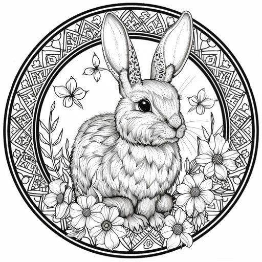 Intricate mandala with a detailed bunny in the center.