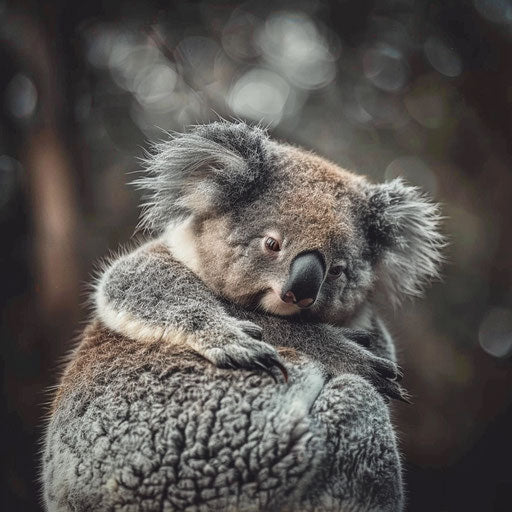 Baby koala holding onto mother's back, tender family moment