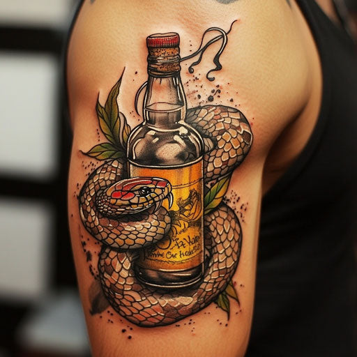 tattoos and booze with a snake coiled around a rum bottle on the bicep in the style of Ed Hardy