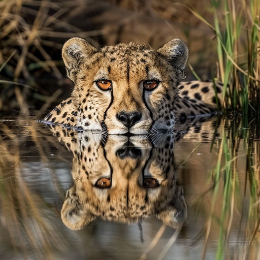 Cheetah reflecting in tranquil savannah pond
