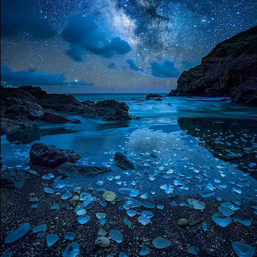 Night at Glass Beach with stars reflecting on water and sea glass