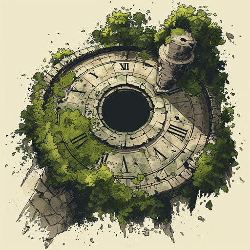 Rustic clipart style flat tattoo sketch of an ancient sundial in stone texture with mossy greens