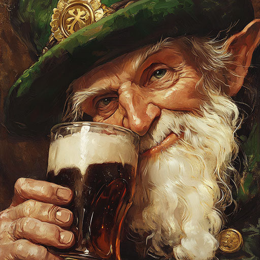 Elderly sprite drinking beer, detailed face, vintage poster
