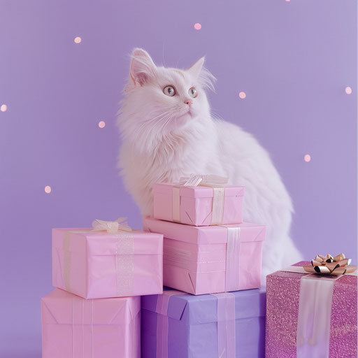 White cat behind stack of pink and purple gifts