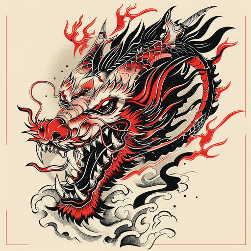 Flat tattoo sketch for Sak Yant with fierce dragon