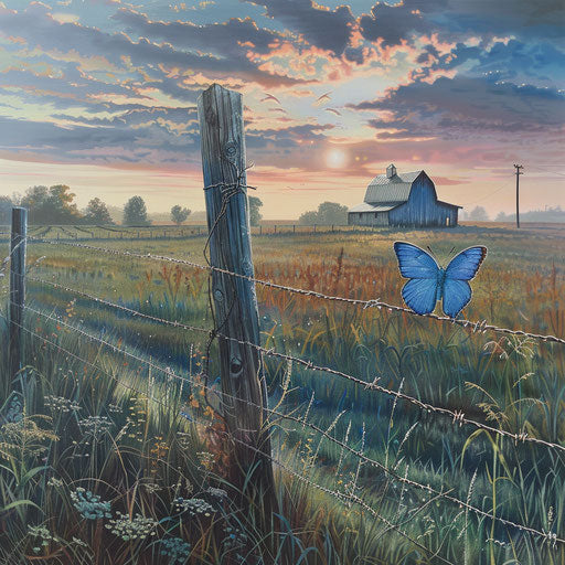 Blue butterfly on a fence post in a farm at sunrise