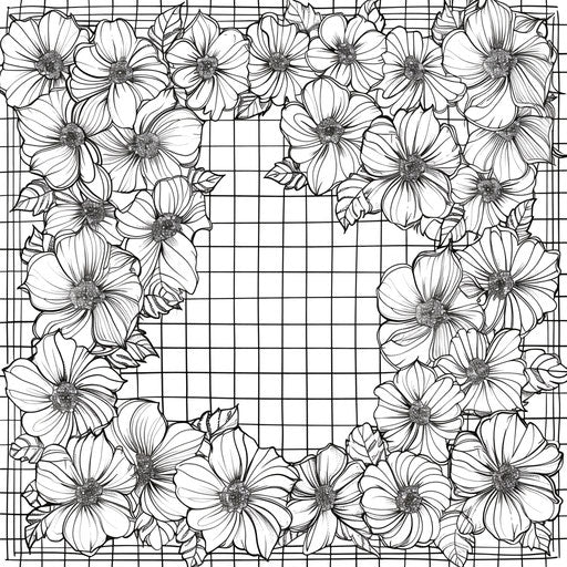Multiplication grid with floral designs, coloring book page