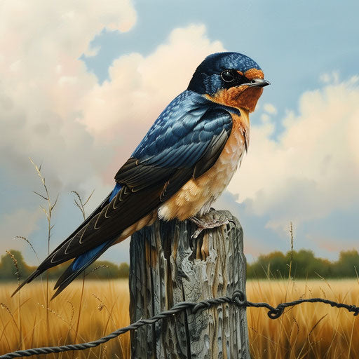 Barn swallow bird on a fence post with fields in the background