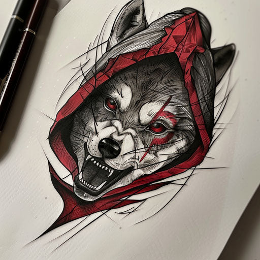 Tattooed doll and wolf morphing, clipart style