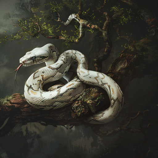 Python snake coiled on a branch, Aaron Blaise style