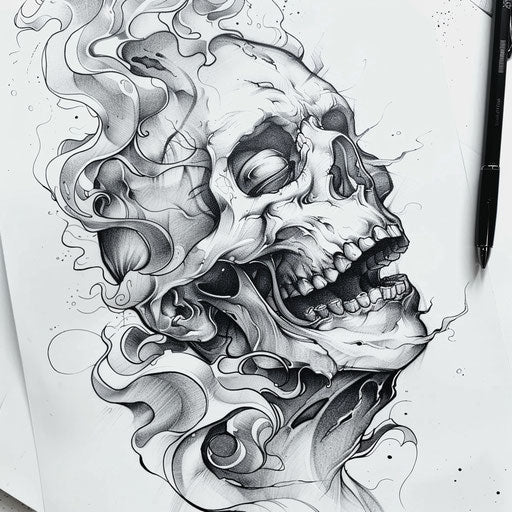 Dynamic flat tattoo sketch of a shrunken head with abstract, swirling smoke around it