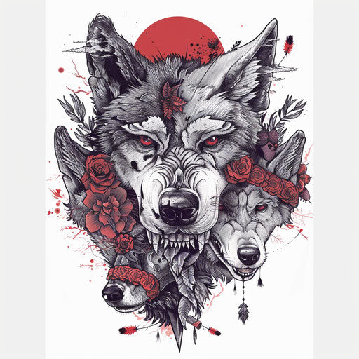 Surreal flat tattoo sketch of a Russian mafia doll morphing into a wolf, mystical greys and reds, clipart style