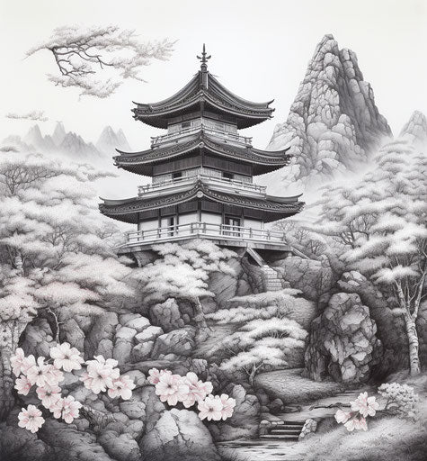Picture of pagoda with flowers, airbrush art style, intricate hatching, traditional colors