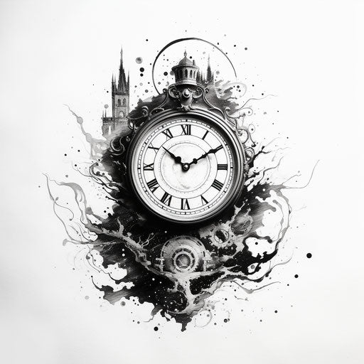 The clock on a white background, in the style of serene ink paintings