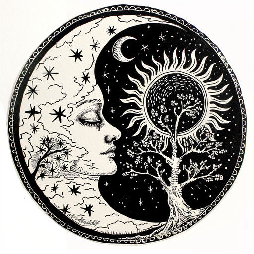 Elegant silhouette of sun and moon in black on white