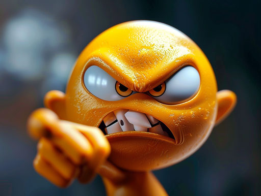 Angry emoticid with happy look pointing at the screen