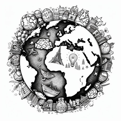 Earth with cultural symbols: unity and diversity
