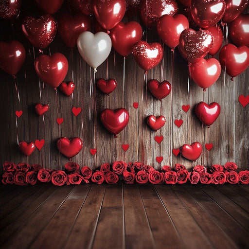Valentine's Day backdrop with heart-shaped balloons and red roses