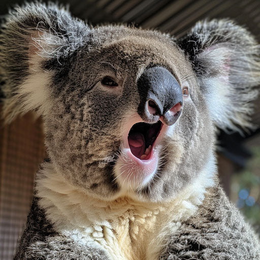 Koala mid-yawn, detailed facial expression captured