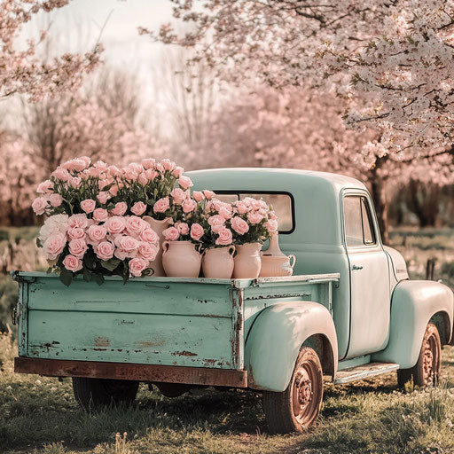 Vintage truck with pink roses in trunk, spring flowers and vases