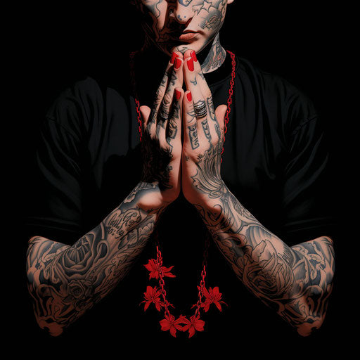 Praying hands and rosary in realistic tattoo style