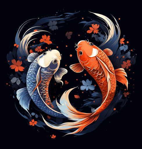 Koi fish on white background with black accents, woodcut-inspired style, dark blue and black, traditional poses