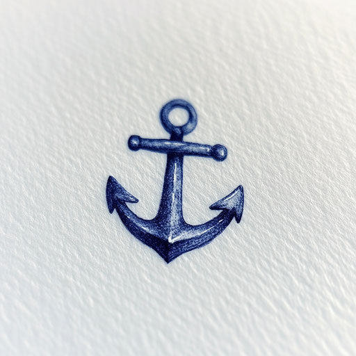 Small minimalist anchor tattoo design in navy blue ink on white canvas