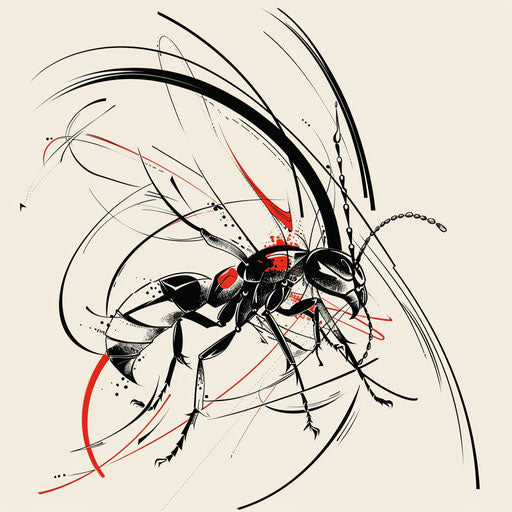 Dynamic flat tattoo sketch of an ant in motion with abstract trailing lines