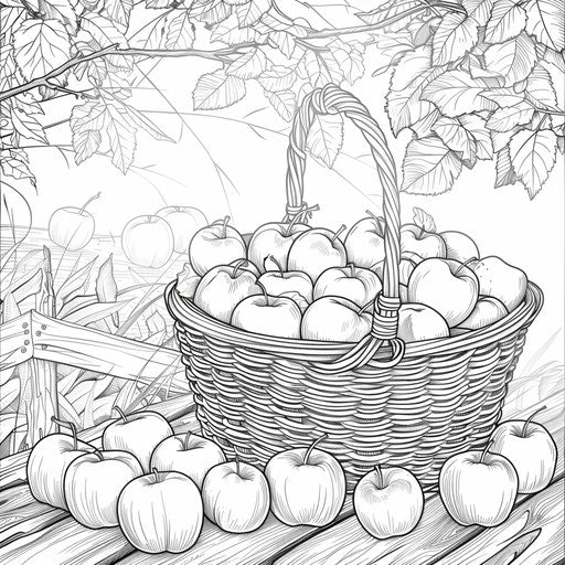 Basket of apples with country background. Coloring book page