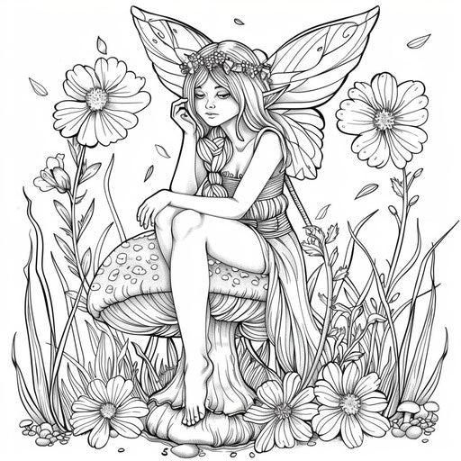 Whimsical fairy sitting on a mushroom surrounded by spring flowers.