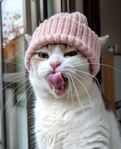 Cat with pink hat sticking out tongue