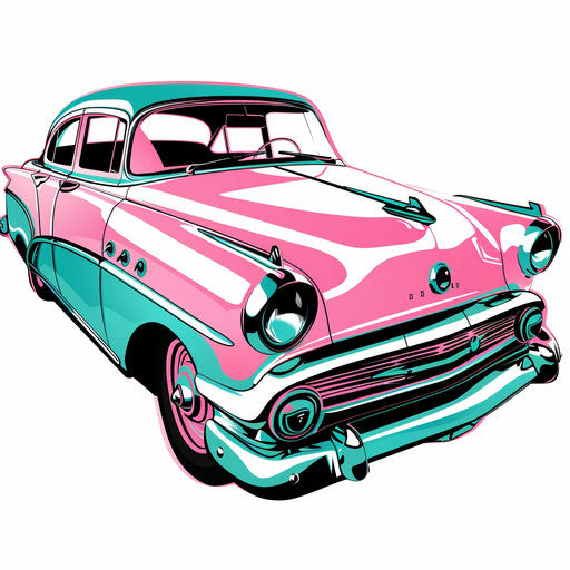 Nostalgic clipart style flat tattoo sketch of a 1950s car in pink and turquoise
