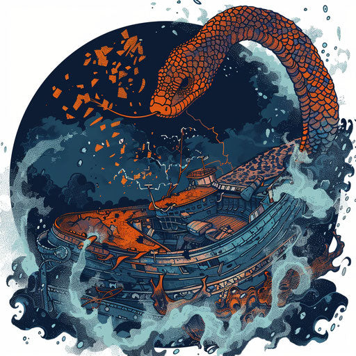 Serpent exploring shipwreck, deep blues and rusty oranges, clipart style